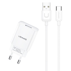 МЗП USAMS T21 Charger kit - T18 single USB + Uturn Type-C cable, Белый