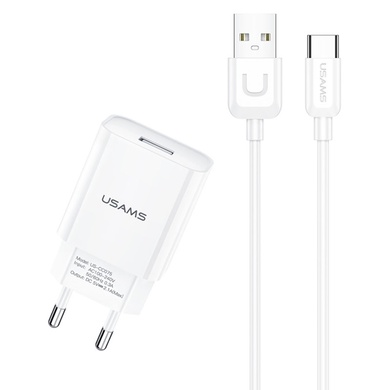МЗП USAMS T21 Charger kit - T18 single USB + Uturn Type-C cable, Белый