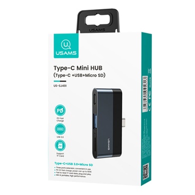 Переходник HUB Usams US-SJ491 Type-C Mini Hub (Type-C + USB + Micro SD) Темно-серый