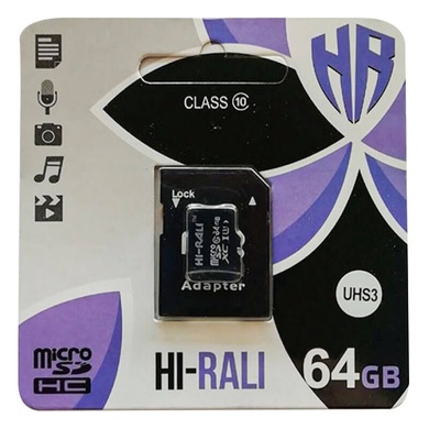 Карта пам'яті Hi-Rali microSDHC 64 GB Card Class 10 + SD adapter, Чорний