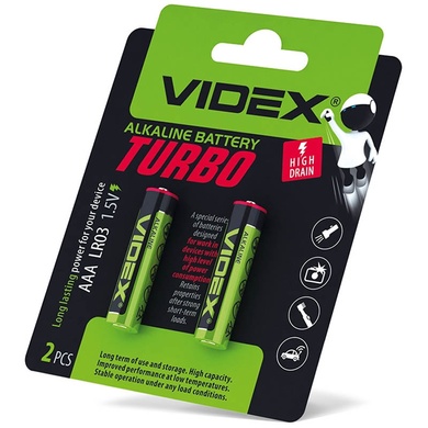 Батарейка VIDEX TURBO LR03 (AAA) blister 2 Черный / Зеленый