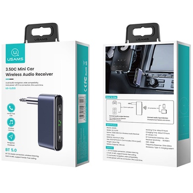 Bluetooth ресивер USAMS US-SJ519 3.5DC Mini Car Wireless Audio Receiver BT5.0, Сірий