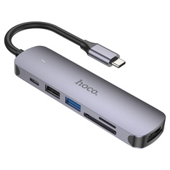 Перехідник Hoco HB28 Multi-function 6in1 (Type-C to HDTV+USB3.0+USB2.0+SD+TF+PD), Metal gray