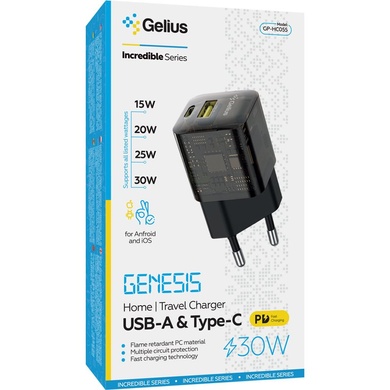 СЗУ Gelius Genesis GP-HC055 USB + Type-C 30W GaN (Incredible series) Transparent black