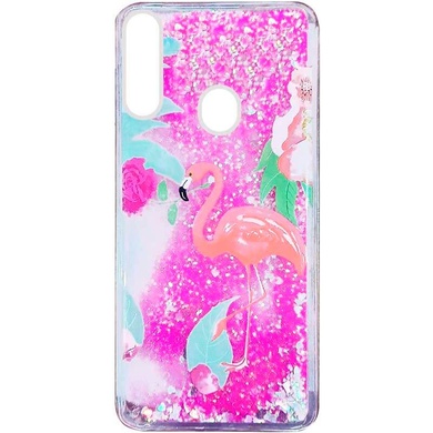 TPU чехол с переливающимися блестками для Samsung Galaxy A20s Фламинго в цветах