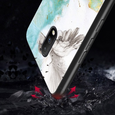 TPU+Glass чехол Luxury Marble для OnePlus 7 Pro, Птица / Бирюзовый