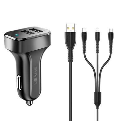 АЗП Usams C13 2.1A Dual USB + U35 3IN1 Charging Cable (1m), Чорний